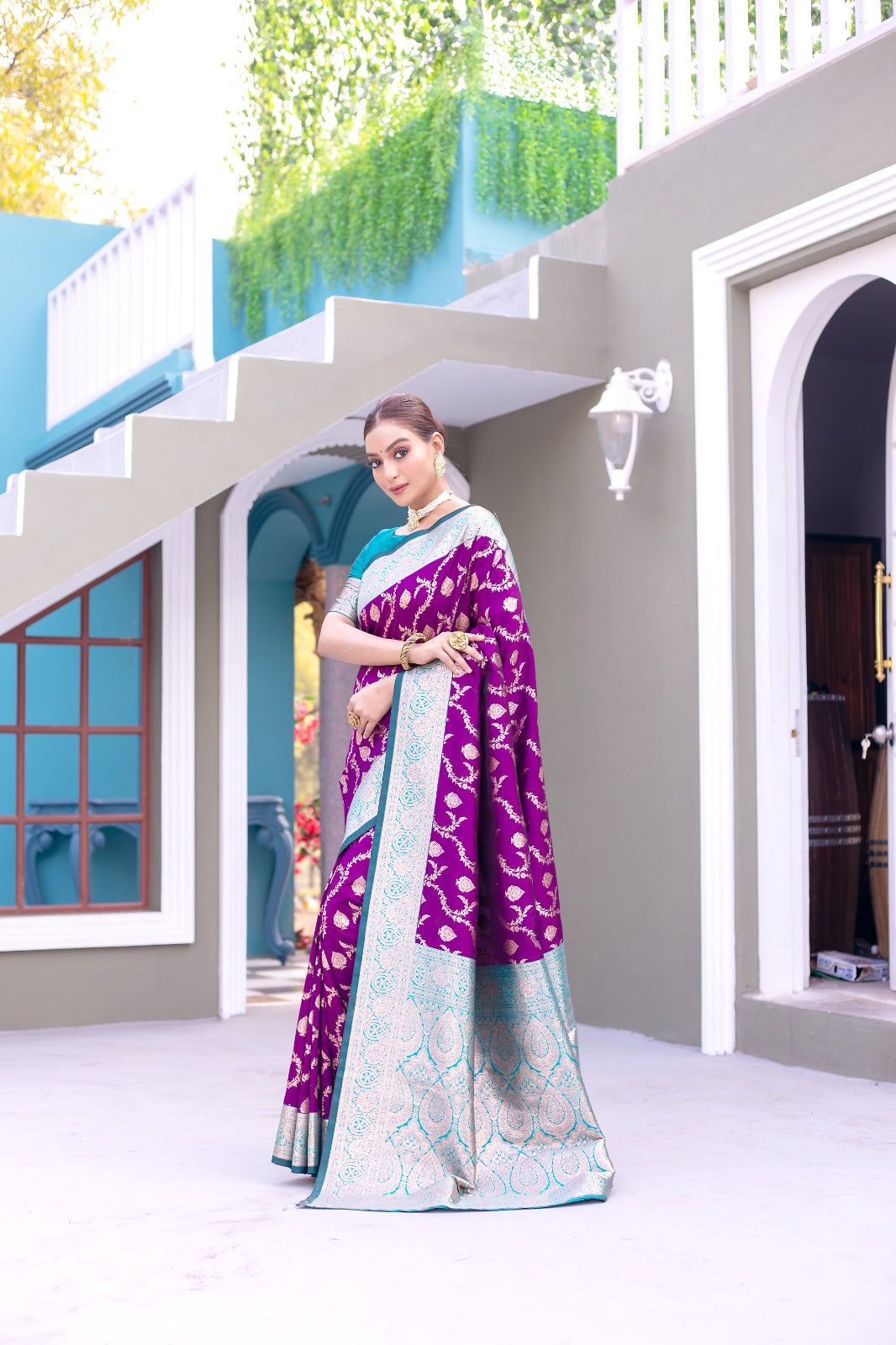 Premium Banarasi Semi Satin Silk Saree with Contrast Blouse